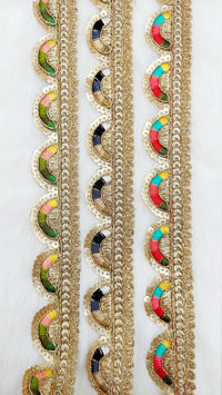 Thumbnail for Gold Scalloped Lace Trim with Gold Sequins Embroidery, Fringe Lace Trim, Sari Trimming