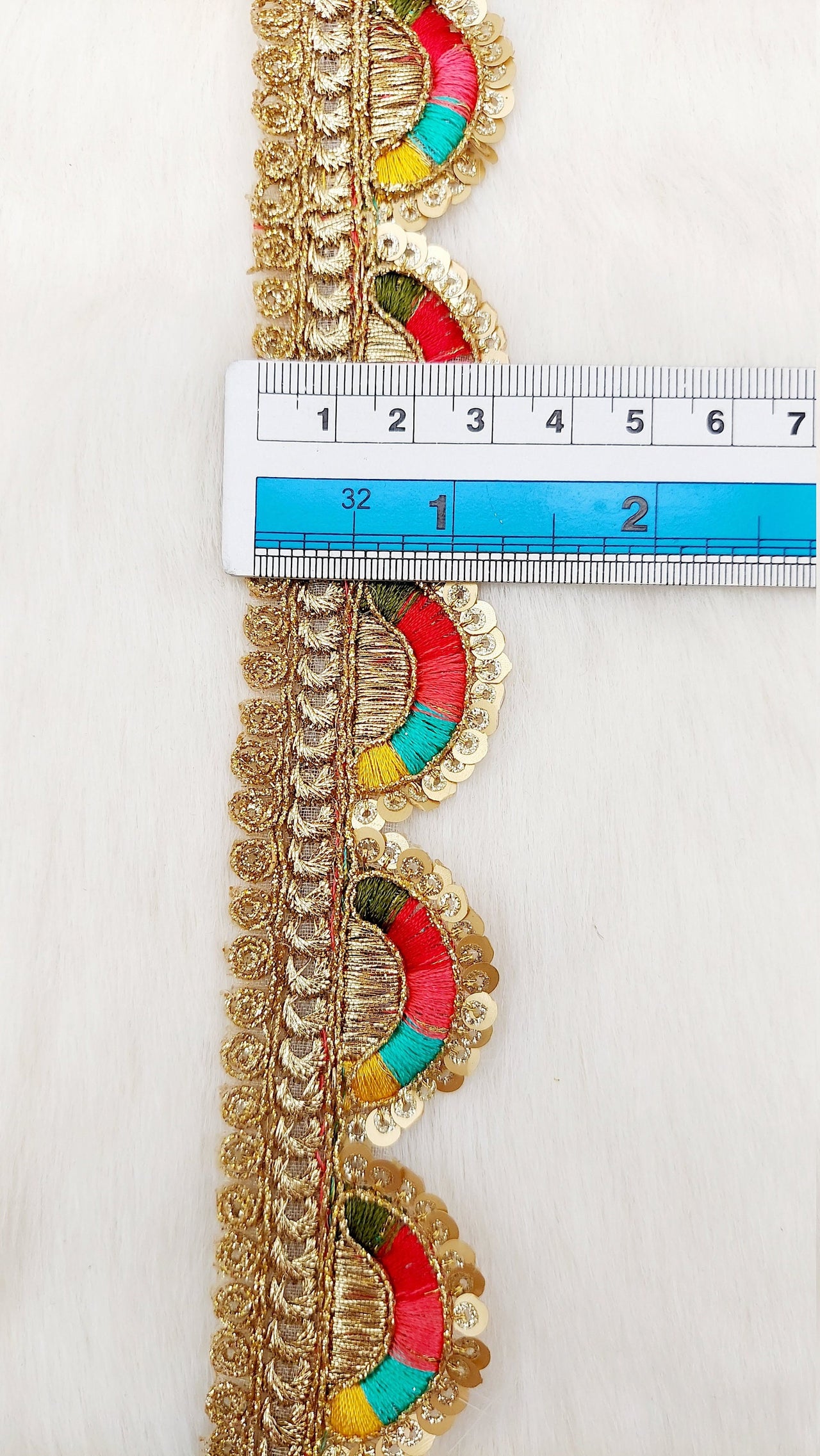 Gold Scalloped Lace Trim with Gold Sequins Embroidery, Fringe Lace Trim, Sari Trimming