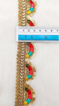Thumbnail for Gold Scalloped Lace Trim with Gold Sequins Embroidery, Fringe Lace Trim, Sari Trimming