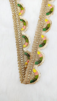 Thumbnail for Gold Scalloped Lace Trim with Gold Sequins Embroidery, Fringe Lace Trim, Sari Trimming