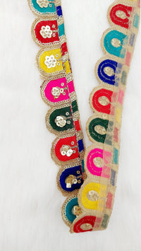 Thumbnail for Multicoloured Scalloped Lace Trim with Gold Sequins Embroidery, Fringe Lace Trim, Sari Trimming