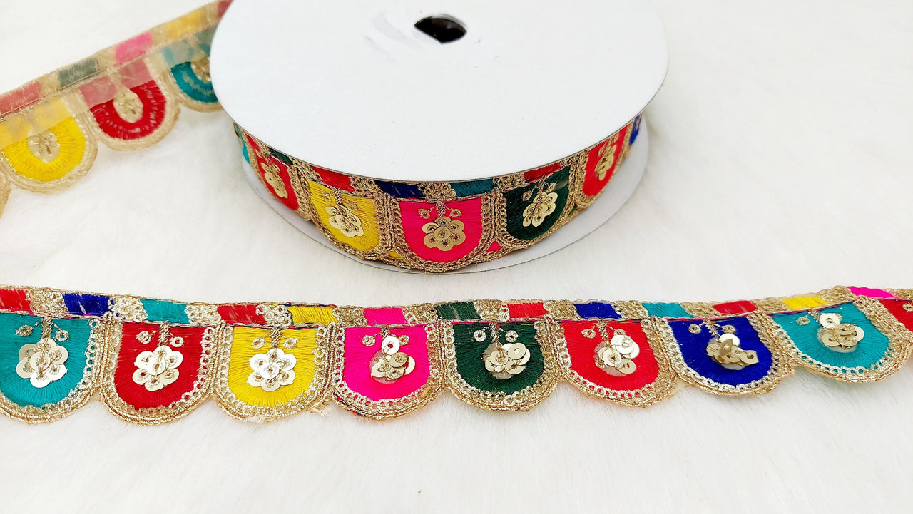 Multicoloured Scalloped Lace Trim with Gold Sequins Embroidery, Fringe Lace Trim, Sari Trimming