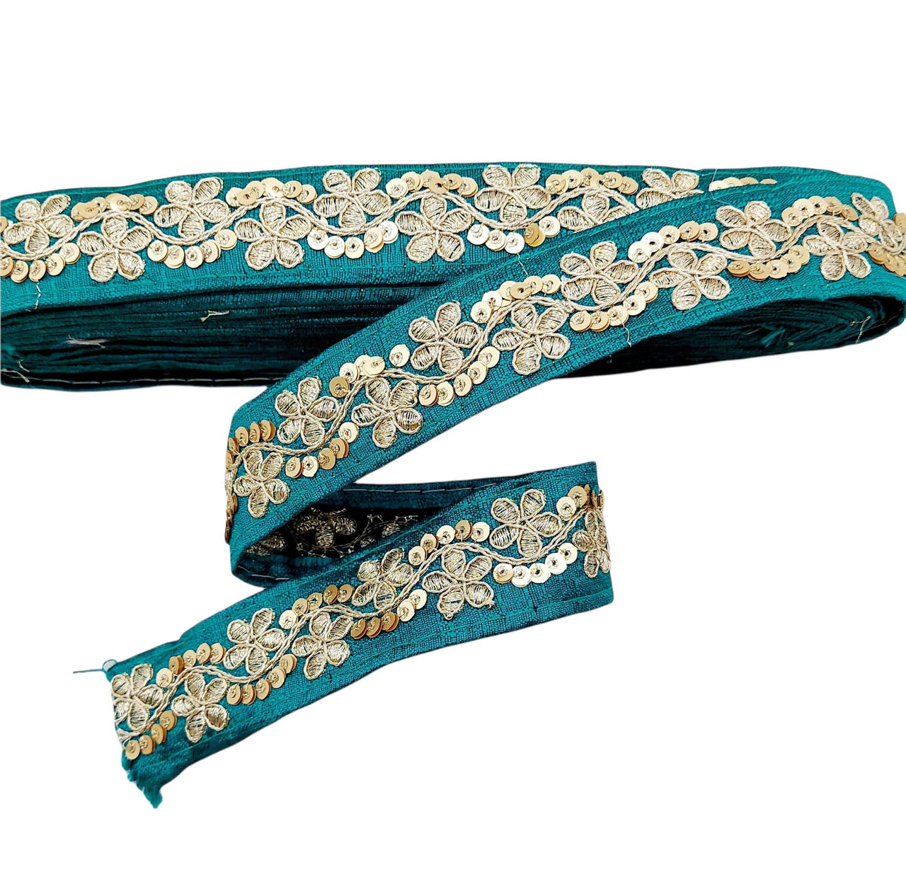 Art Silk Fabric Trim With Gold Floral Embroidery, Floral Sequins Sari Border, Trim By 3 Yards