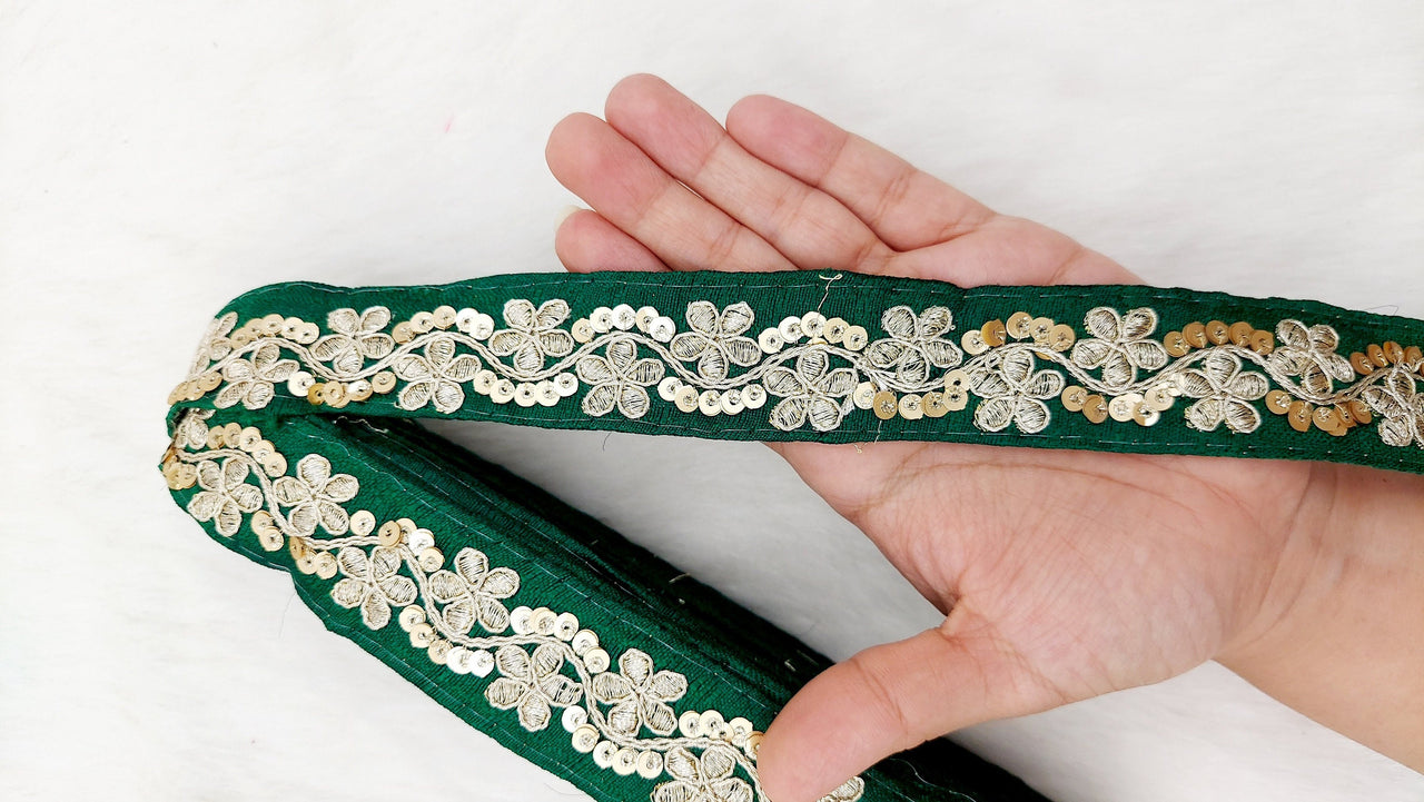 Art Silk Fabric Trim With Gold Floral Embroidery, Floral Sequins Sari Border, Trim By 3 Yards