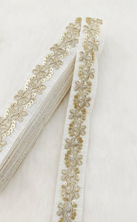 Thumbnail for Art Silk Fabric Trim With Gold Floral Embroidery, Floral Sequins Sari Border, Trim By 3 Yards