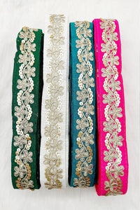 Thumbnail for Art Silk Fabric Trim With Gold Floral Embroidery, Floral Sequins Sari Border, Trim By 3 Yards