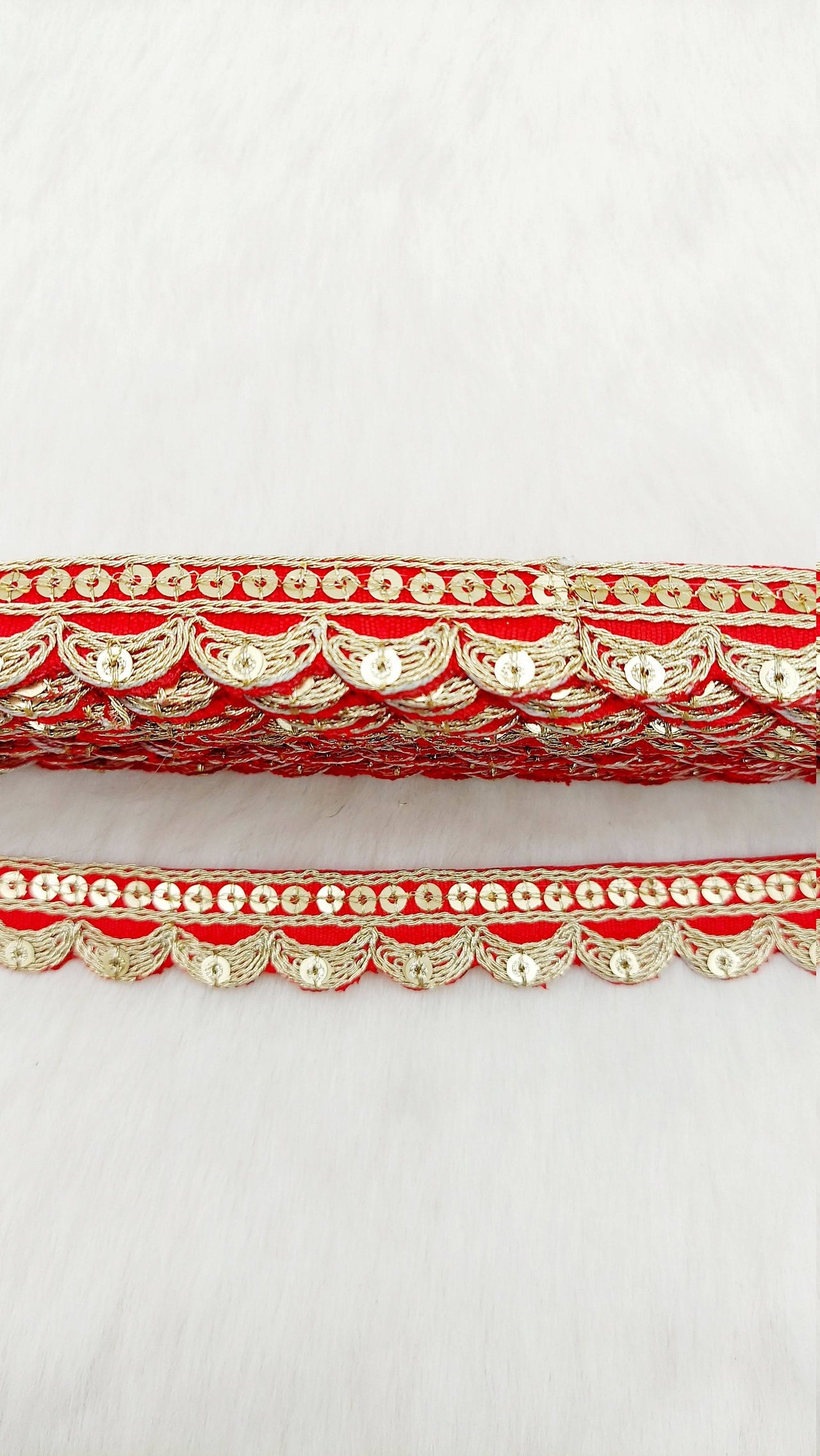 Art Silk Fabric Trim With Gold Embroidery, Scallop Sequins Sari Border, Trim By 3 Yards