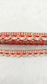 Thumbnail for Art Silk Fabric Trim With Gold Embroidery, Scallop Sequins Sari Border, Trim By 3 Yards
