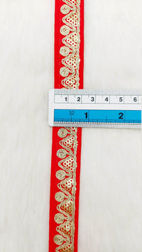 Thumbnail for Red Pink Art Silk Trim with Gold Embroidery and Gold Sequins Indian Sari Border Trim By 3 Yards Decorative Trim Craft Lace