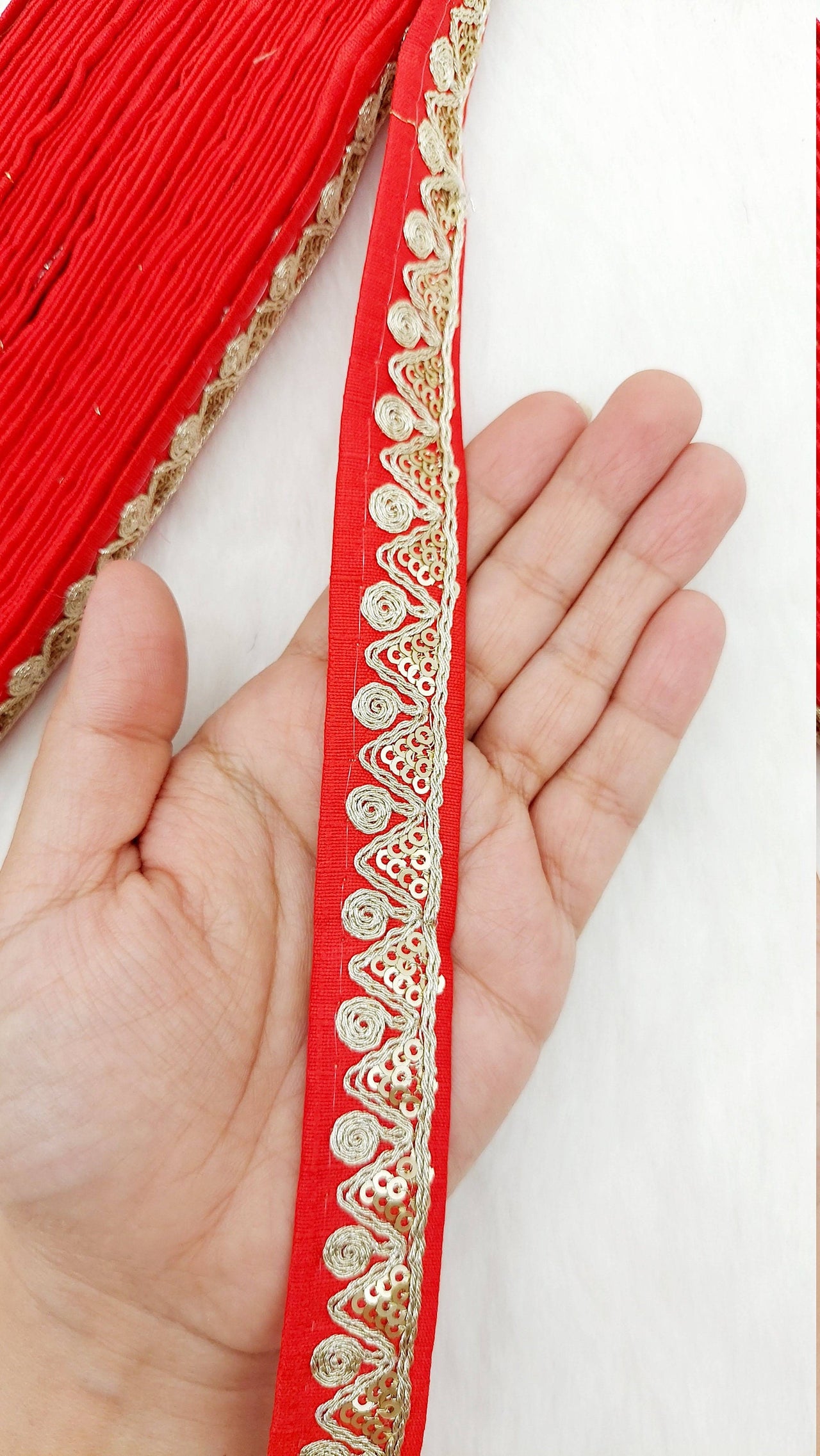 Red Pink Art Silk Trim with Gold Embroidery and Gold Sequins Indian Sari Border Trim By 3 Yards Decorative Trim Craft Lace