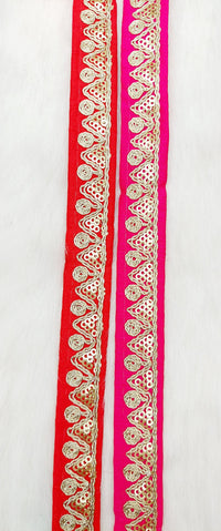 Thumbnail for Red Pink Art Silk Trim with Gold Embroidery and Gold Sequins Indian Sari Border Trim By 3 Yards Decorative Trim Craft Lace