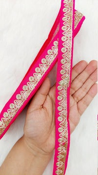 Thumbnail for Red Pink Art Silk Trim with Gold Embroidery and Gold Sequins Indian Sari Border Trim By 3 Yards Decorative Trim Craft Lace
