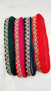 Thumbnail for Floral Sequins Embroidered Velvet Fabric Trim Indian Sari Border, Sequin Trimming, Trim By 9 Yards