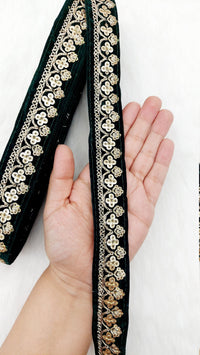 Thumbnail for Floral Sequins Embroidered Velvet Fabric Trim Indian Sari Border, Sequin Trimming, Trim By 9 Yards