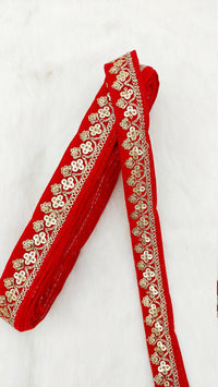 Thumbnail for Floral Sequins Embroidered Velvet Fabric Trim Indian Sari Border, Sequin Trimming, Trim By 9 Yards