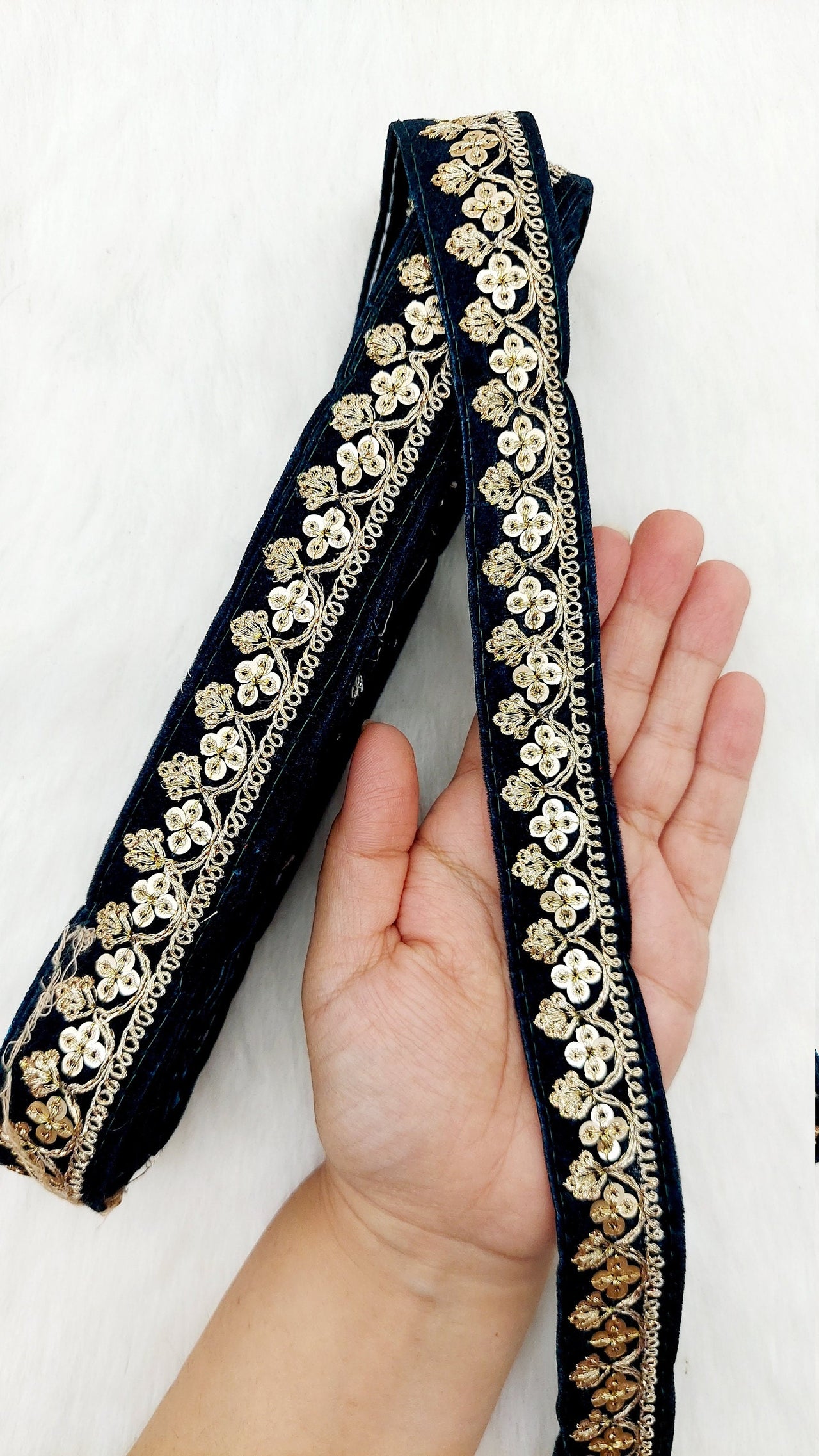 Floral Sequins Embroidered Velvet Fabric Trim Indian Sari Border, Sequin Trimming, Trim By 9 Yards