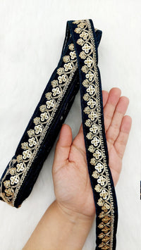 Thumbnail for Floral Sequins Embroidered Velvet Fabric Trim Indian Sari Border, Sequin Trimming, Trim By 9 Yards