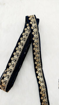 Thumbnail for Floral Sequins Embroidered Velvet Fabric Trim Indian Sari Border, Sequin Trimming, Trim By 9 Yards