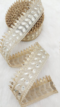 Thumbnail for 9 Yards Sheer Gold Tissue Fabric Lace Trim with Indian Gold Foil Work Gota Patti Sari Border, Sequin Embroidery