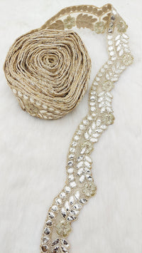 Thumbnail for 9 Yards Sheer Gold Tissue Scallop Fabric Lace Trim with Indian Gold Foil Work Gota Patti Sari Border