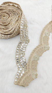 Thumbnail for 9 Yards Sheer Gold Tissue Scallop Fabric Lace Trim with Indian Gold Foil Work Gota Patti Sari Border