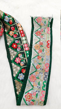 Thumbnail for Floral Embroidered Velvet Trim Indian Sari Border, Sequin Trimming, Sequinned Lace