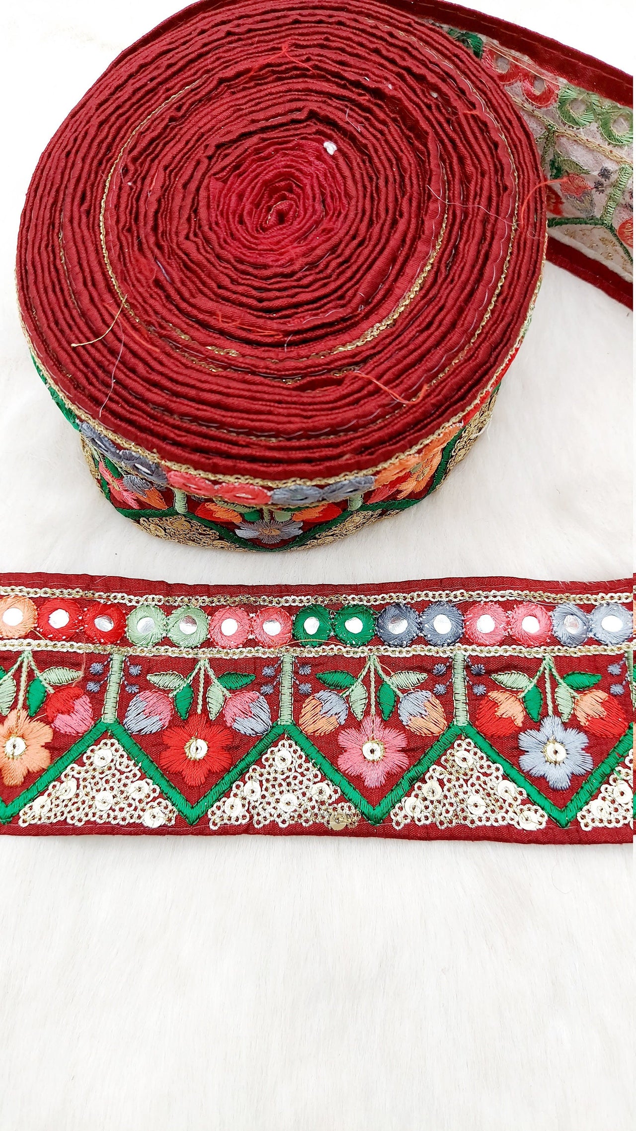 Floral Embroidered Velvet Trim Indian Sari Border, Sequin Trimming, Sequinned Lace