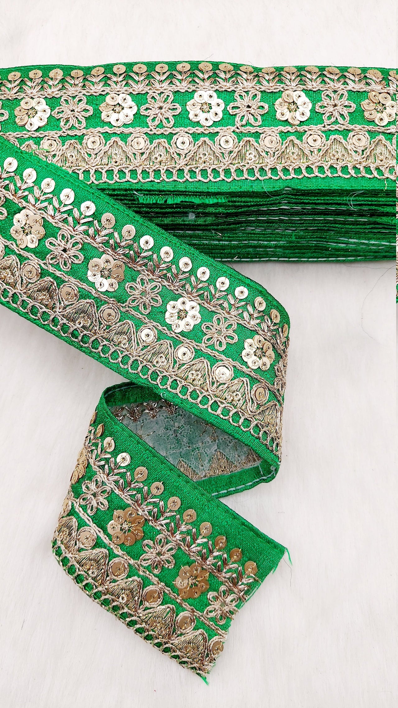 Art Silk Fabric Trim With Gold Floral Embroidery, Floral Sequins Sari Border, Trim By 9 Yards