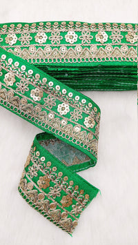 Thumbnail for Art Silk Fabric Trim With Gold Floral Embroidery, Floral Sequins Sari Border, Trim By 9 Yards