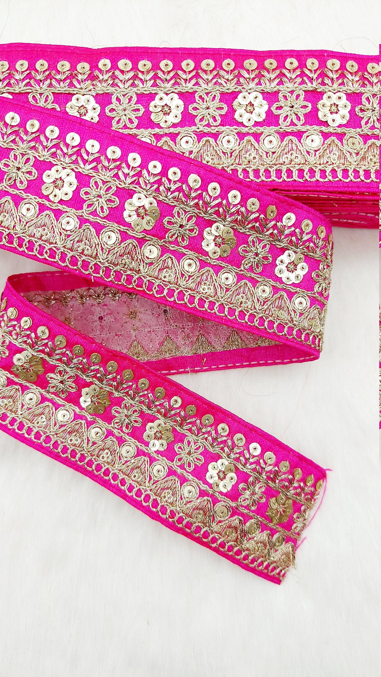 Art Silk Fabric Trim With Gold Floral Embroidery, Floral Sequins Sari Border, Trim By 9 Yards