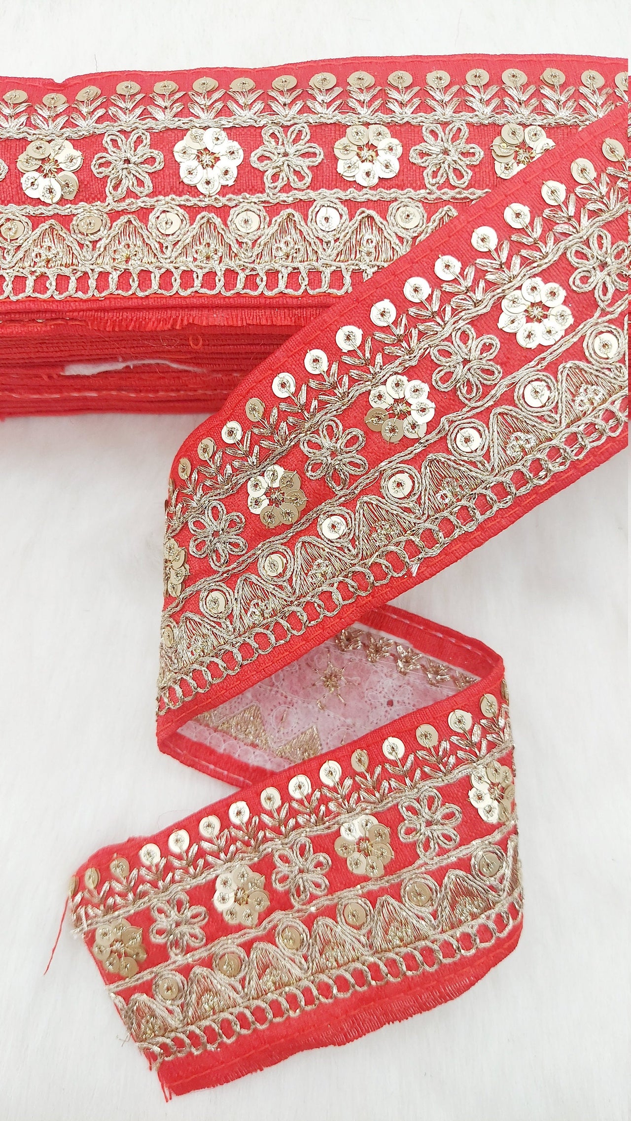 Art Silk Fabric Trim With Gold Floral Embroidery, Floral Sequins Sari Border, Trim By 9 Yards