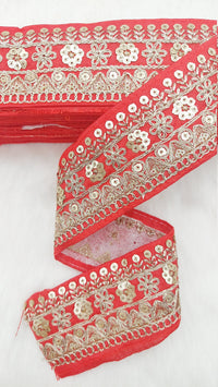 Thumbnail for Art Silk Fabric Trim With Gold Floral Embroidery, Floral Sequins Sari Border, Trim By 9 Yards