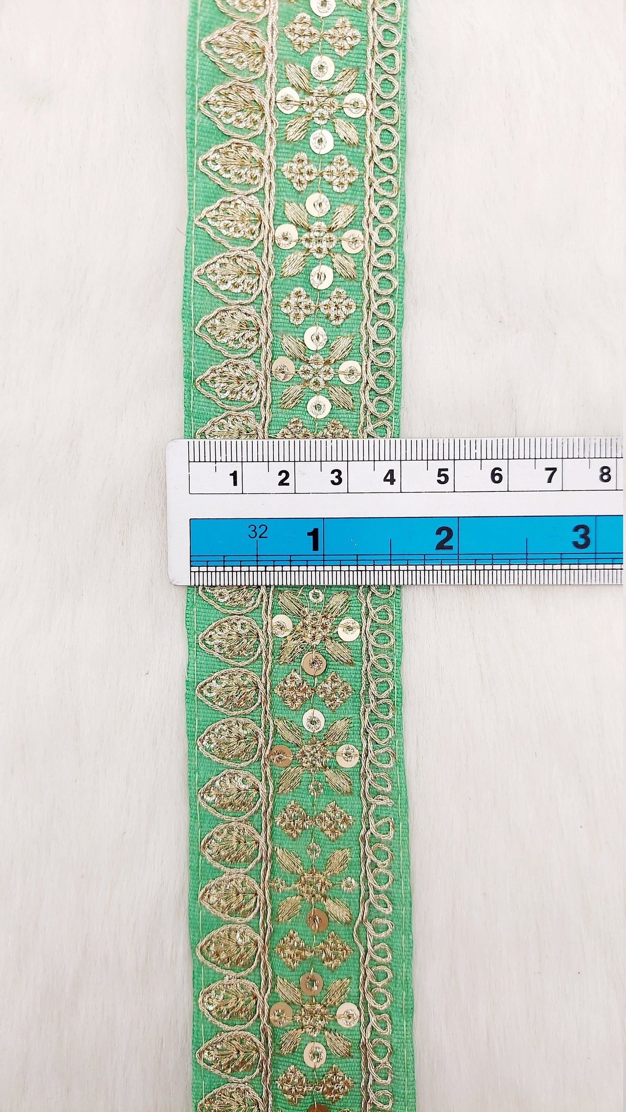 Green Art Silk Fabric Trim With Gold Floral Embroidery, Floral Sequins Sari Border, Trim By 9 Yards