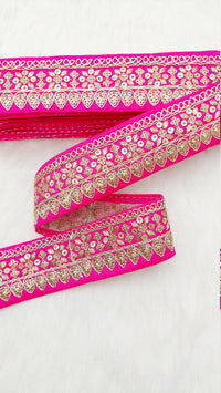 Thumbnail for Fuchsia Pink Art Silk Fabric Trim With Gold Floral Embroidery, Floral Sequins Sari Border, Trim By 9 Yards
