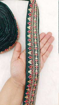 Thumbnail for Floral Embroidered Sequin Border Art Silk Trim, Decorative Trim, Indian Sari Border