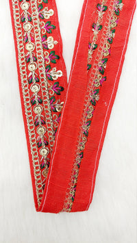 Thumbnail for Floral Embroidered Sequin Border Art Silk Trim, Decorative Trim, Indian Sari Border