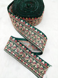 Thumbnail for Art Silk Fabric Sari Border Trim with Floral Embroidery and Gold Sequins, Decorative Trim, Indian Sari Border
