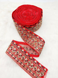 Thumbnail for Art Silk Fabric Sari Border Trim with Floral Embroidery and Gold Sequins, Decorative Trim, Indian Sari Border
