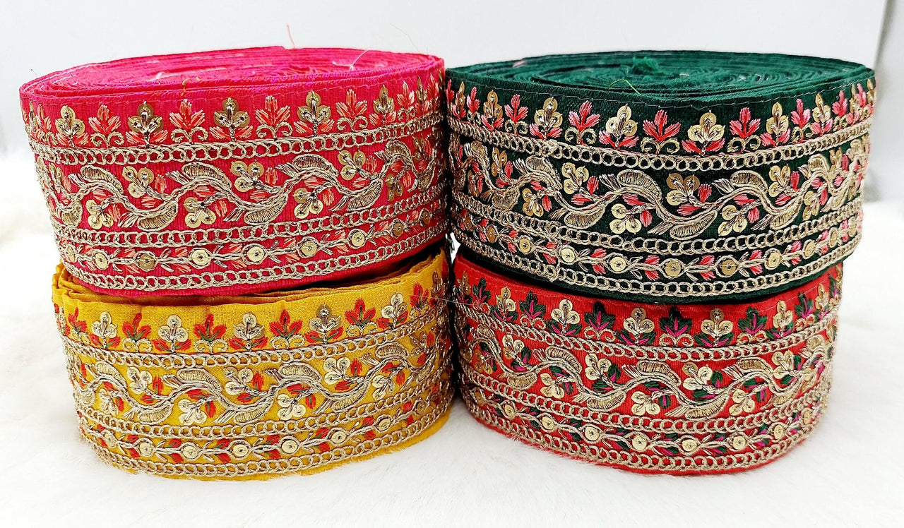 Art Silk Fabric Sari Border Trim with Floral Embroidery and Gold Sequins, Decorative Trim, Indian Sari Border