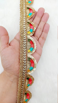 Thumbnail for Gold Scalloped Lace Trim with Gold Sequins Embroidery, Fringe Lace Trim, Sari Trimming