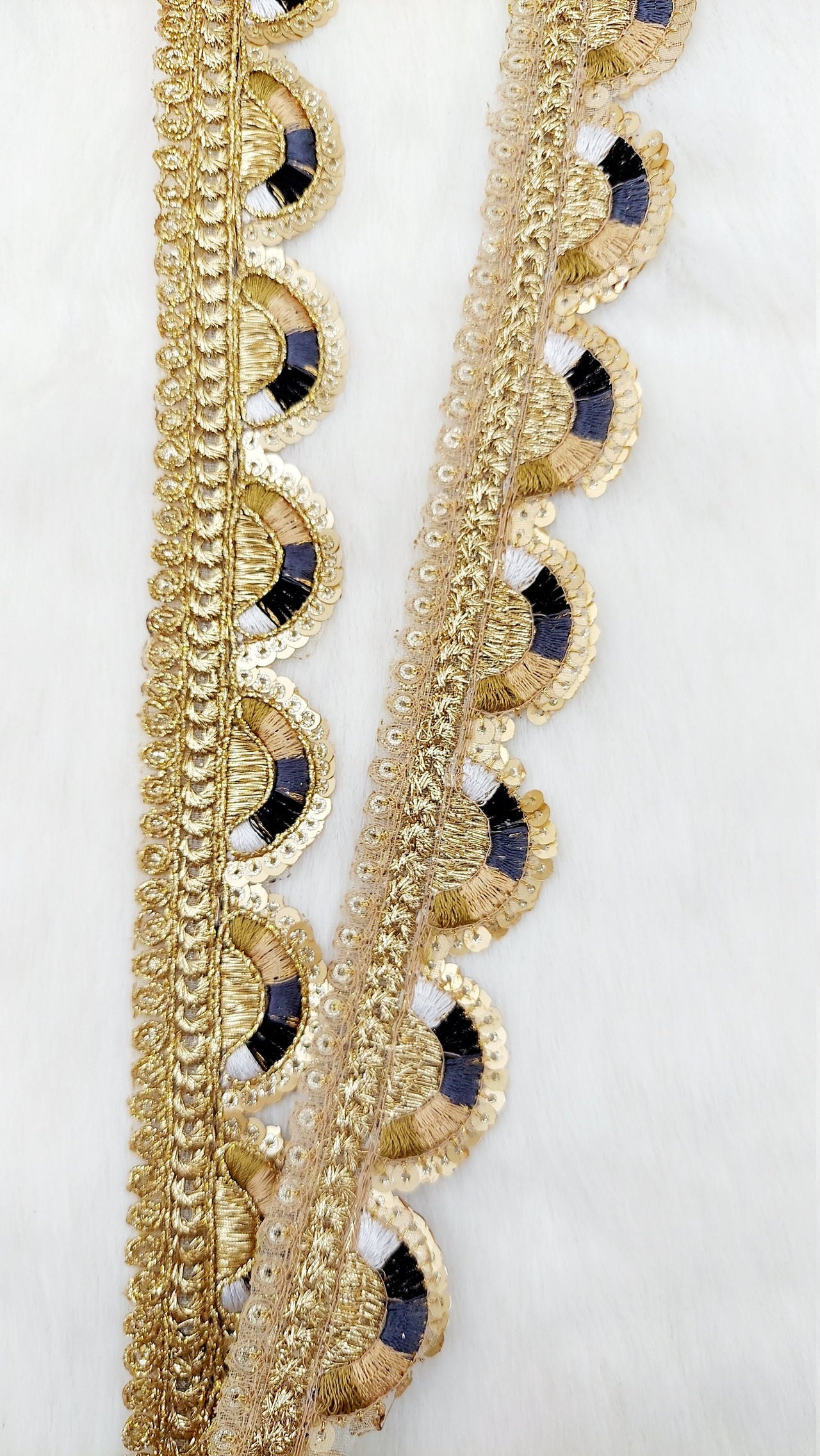 Gold Scalloped Lace Trim with Gold Sequins Embroidery, Fringe Lace Trim, Sari Trimming