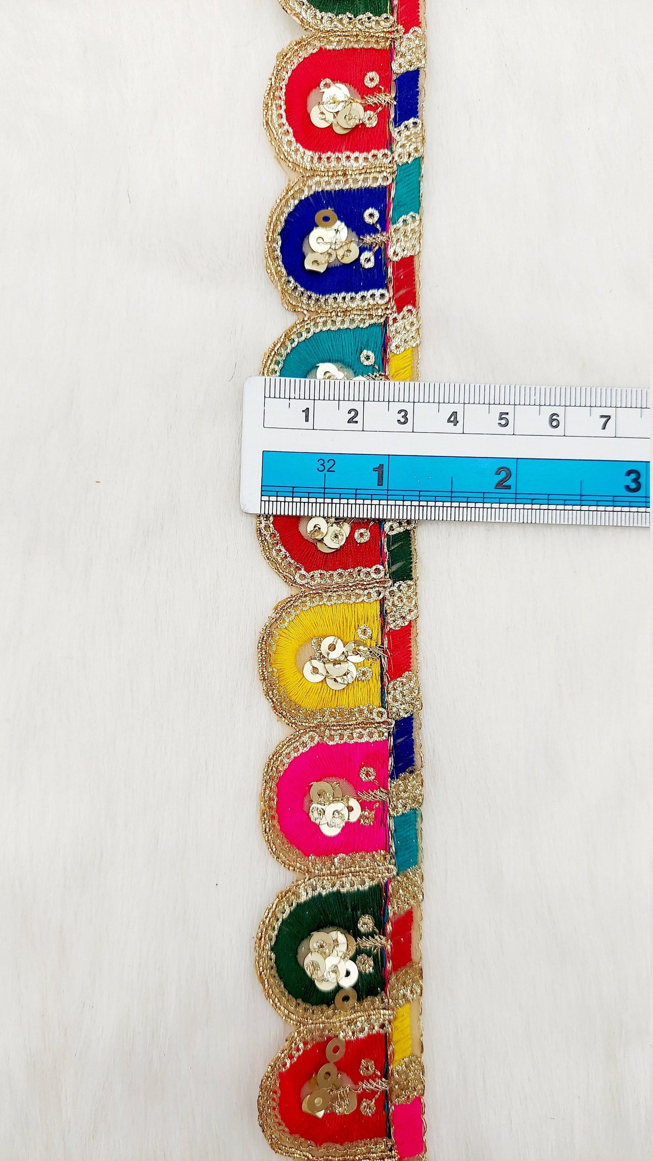 Multicoloured Scalloped Lace Trim with Gold Sequins Embroidery, Fringe Lace Trim, Sari Trimming