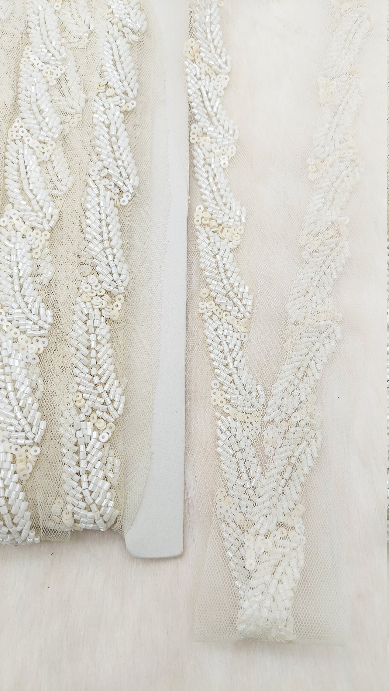 White Net Bridal Trim In White Beaded Leaf Embroidery, Hand Embroidered Bead Lace, Floral Embroidered Trim