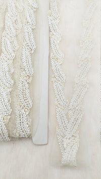 Thumbnail for White Net Bridal Trim In White Beaded Leaf Embroidery, Hand Embroidered Bead Lace, Floral Embroidered Trim