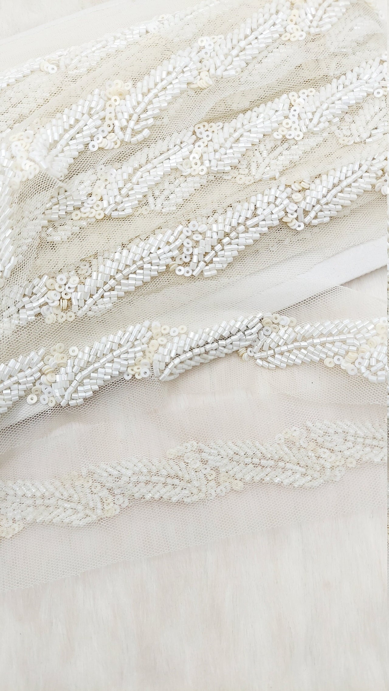 White Net Bridal Trim In White Beaded Leaf Embroidery, Hand Embroidered Bead Lace, Floral Embroidered Trim