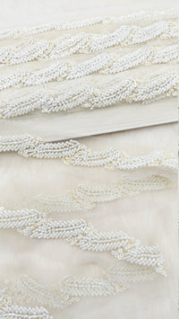 Thumbnail for White Net Bridal Trim In White Beaded Leaf Embroidery, Hand Embroidered Bead Lace, Floral Embroidered Trim