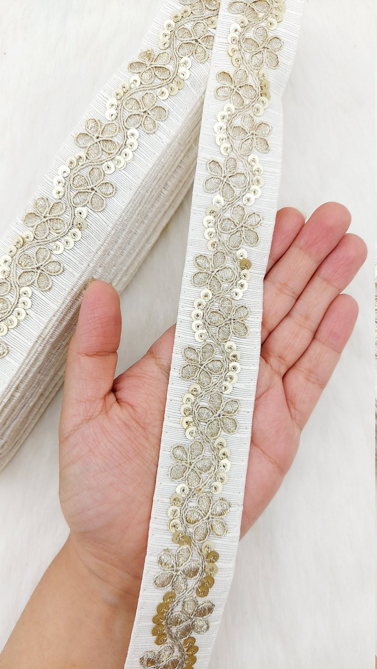 Art Silk Fabric Trim With Gold Floral Embroidery, Floral Sequins Sari Border, Trim By 3 Yards