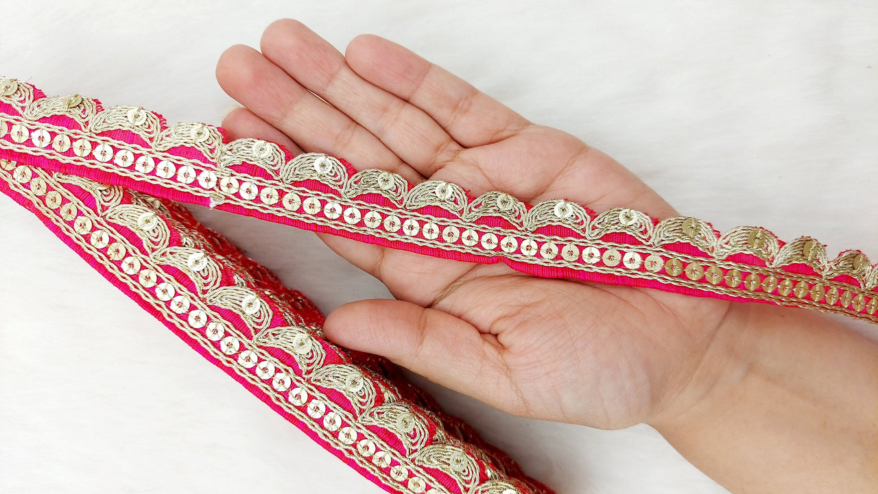 Art Silk Fabric Trim With Gold Embroidery, Scallop Sequins Sari Border, Trim By 3 Yards