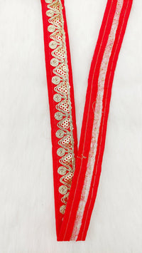 Thumbnail for Red Pink Art Silk Trim with Gold Embroidery and Gold Sequins Indian Sari Border Trim By 3 Yards Decorative Trim Craft Lace