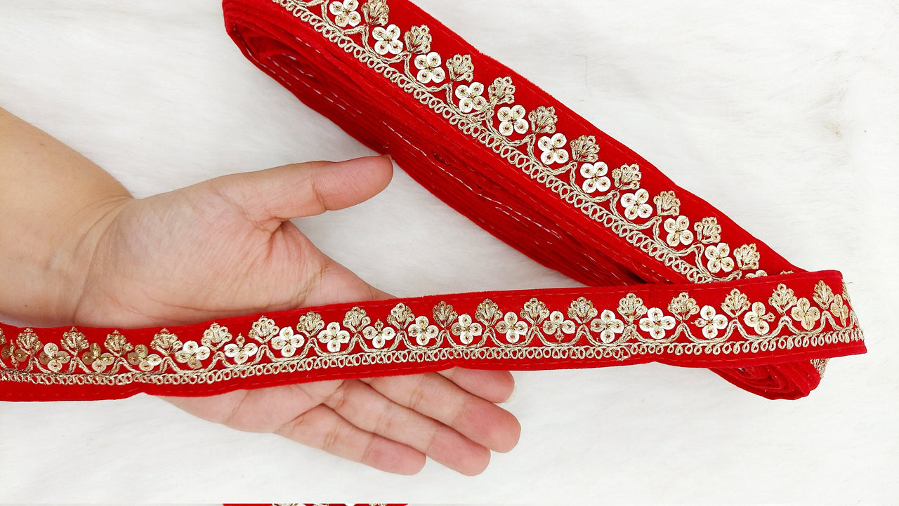 Floral Sequins Embroidered Velvet Fabric Trim Indian Sari Border, Sequin Trimming, Trim By 9 Yards